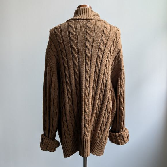 Vintage Brown Cable Knit Cardigan Chunky Grandpa Cosby Sweater Minimalist XL - Picture 4 of 10